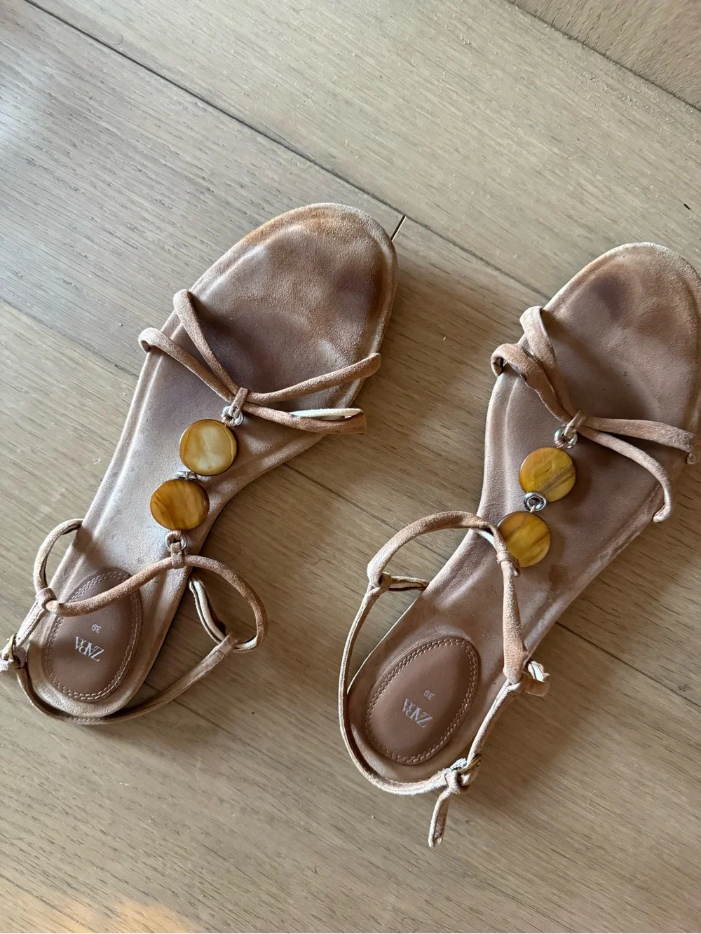 Zara Tan Suede Beaded Strappy Sandals - Picture 4 of 4